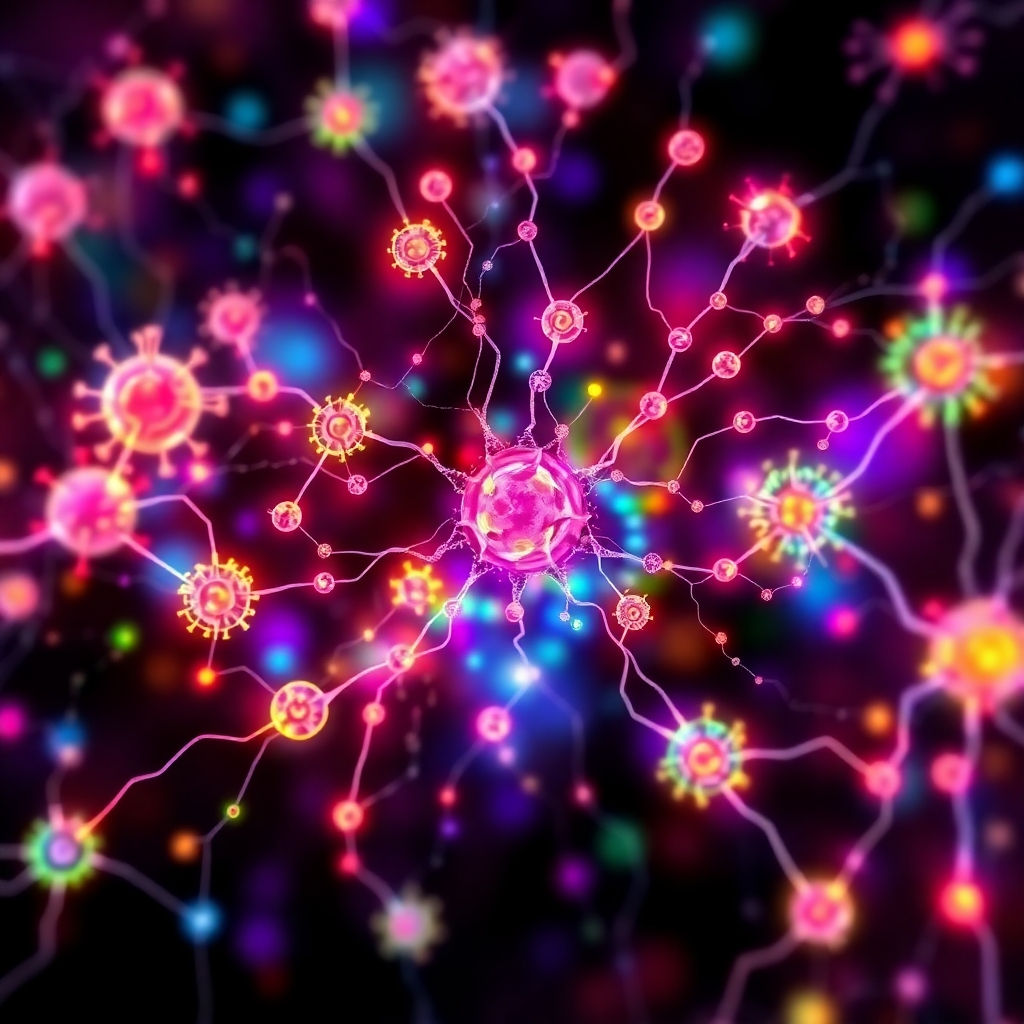 Generate a colorful abstract image representing the network and complex processes within the immune system. The style should be abstract and dynamic, with glowing connections illustrating how various parts interact together.