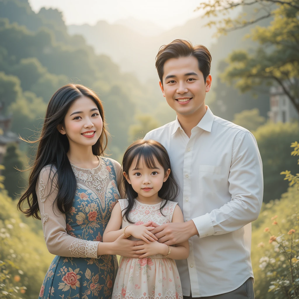 Create a photorealistic image of a family (mother, father, child) engaging in healthy activities together outdoors, smiling and happy, with vibrant colors and lighting, illustrating the family’s health and strength.